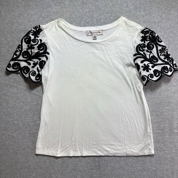 CATHERINE MALANDRINO Blouse M Black White Embroidered Floral Puff Sleeves Top - Picture 1 of 6